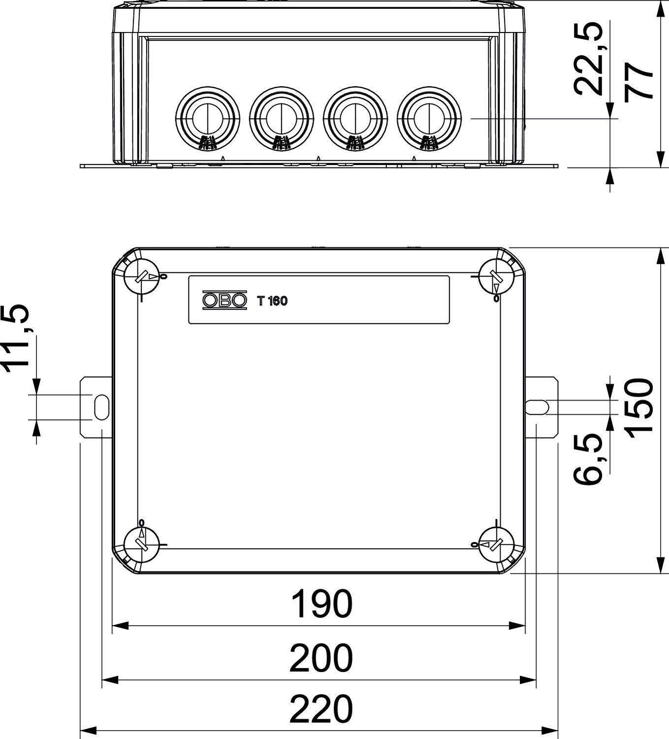 Rysunek techniczny obudowy prostokątnej z wymiarami. Wymiary: szerokość 220 mm, wysokość 150 mm. Cztery okrągłe otwory na górze.
