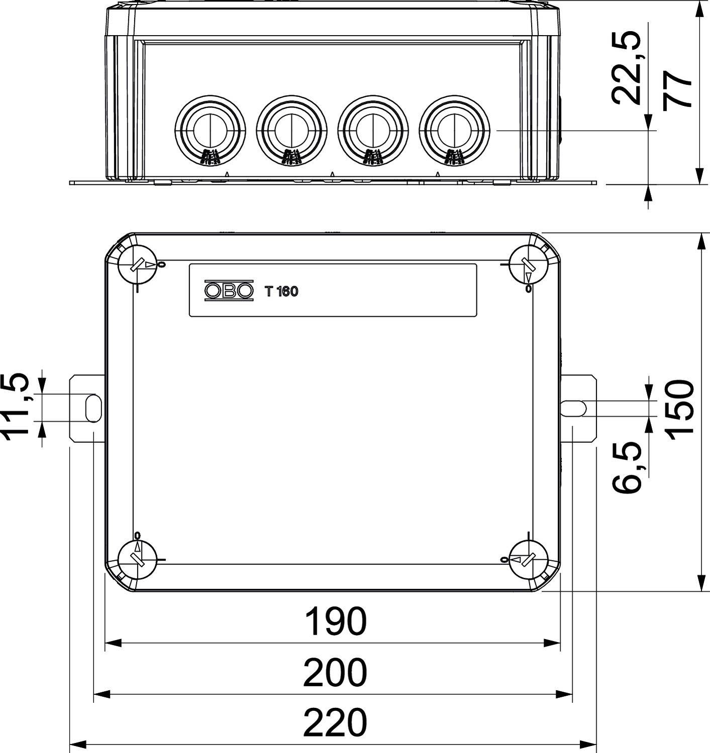 Rysunek techniczny prostokątnej obudowy z czterema otworami od spodu, wymiarami na bokach oraz etykietą 'T 180'.