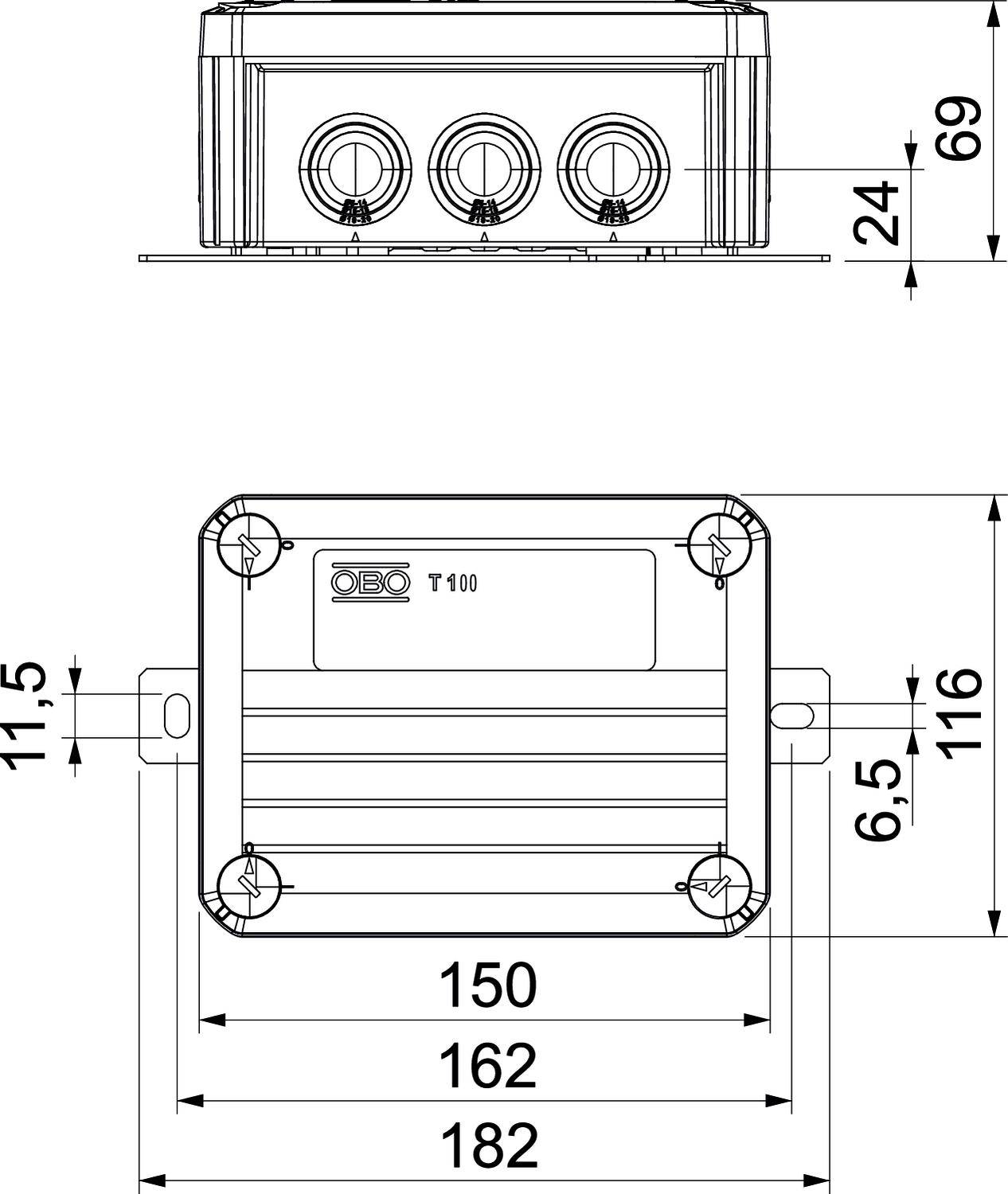 Rysunek techniczny prostokątnej puszki przyłączeniowej o wymiarach: 182 mm szerokości, 116 mm wysokości, 69 mm głębokości. Widok od góry przedstawia trzy otwory kablowe.