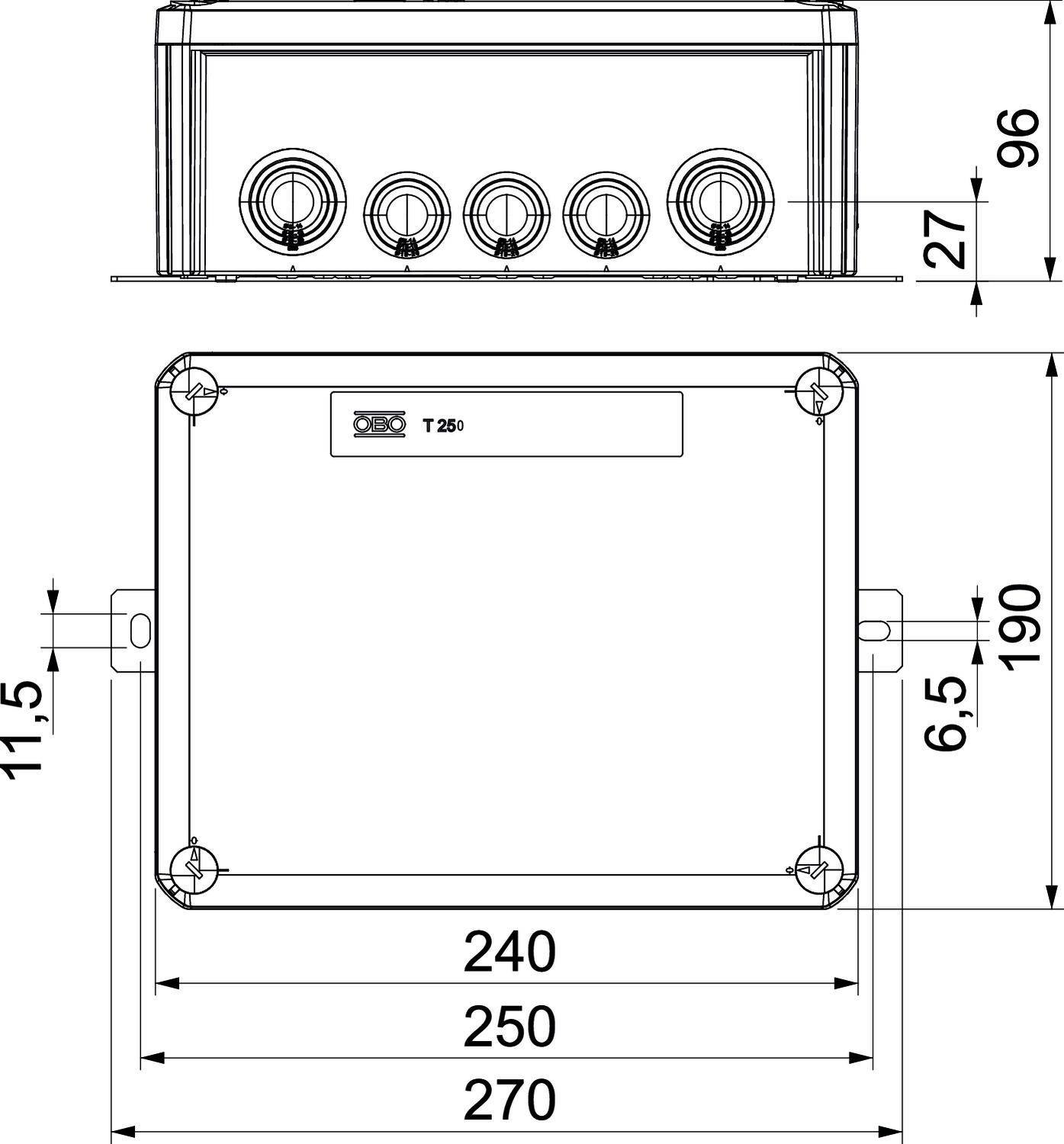 Rysunek techniczny prostokątnej obudowy o wymiarach: szerokość 240-270 mm, wysokość 190 mm, głębokość 96 mm. Pięć okrągłych przyłączy z przodu.