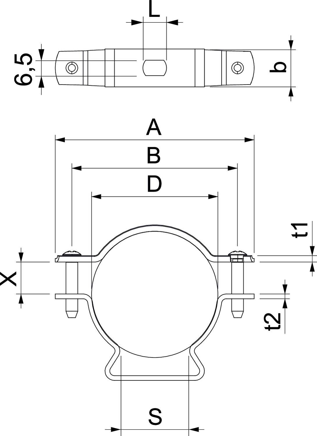Rysunek techniczny zacisku z oznaczeniami wymiarów. Na górze widok z góry, na dole widok z przodu z oznaczonymi średnicami i odległościami.