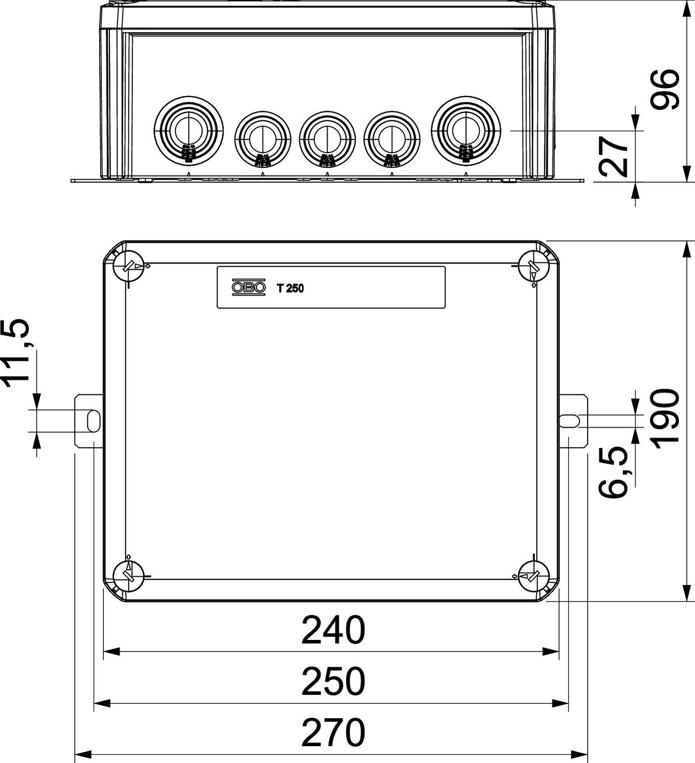 Rysunek techniczny prostokątnej obudowy o wymiarach: szerokość 270 mm, wysokość 190 mm, głębokość 96 mm. Złącza na przedniej stronie.