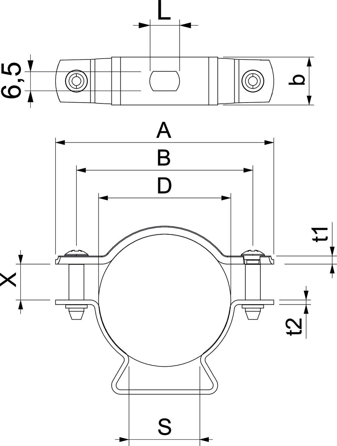 Rysunek techniczny obejmy rurowej z wymiarami: L, b, A, B, D, X, S, t1, t2. Przedstawia widok z góry i z przodu.