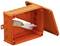Pomarańczowe, otwarte pudełko z tworzywa sztucznego ze zdjętą przykrywką. Wewnątrz znajduje się zawias z kilkoma śrubami.