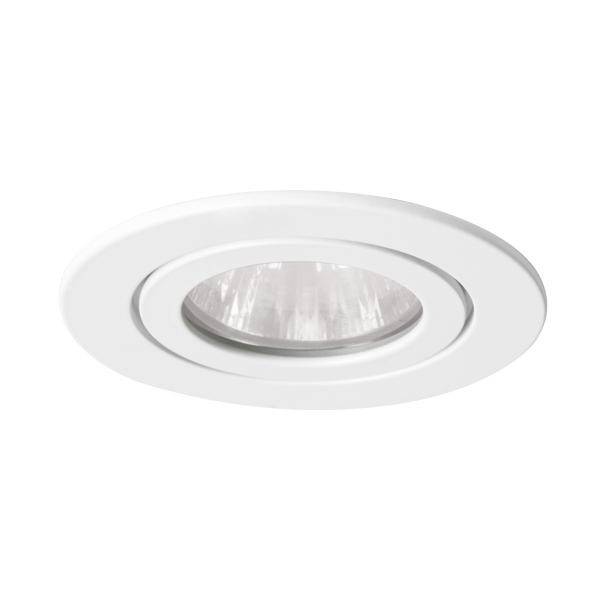 Białe oprawy podtynkowe w kształcie koła, odpowiednie do montażu sufitowego. Zapewniają skoncentrowane światło i mają dyskretny design.