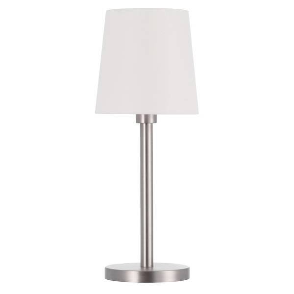 Nowoczesna lampa stołowa z srebrną metalową podstawą i białym abażurem, odpowiednia do salonu lub przestrzeni biurowej.