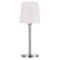 Nowoczesna lampa stołowa z srebrną metalową podstawą i białym abażurem, odpowiednia do salonu lub przestrzeni biurowej.