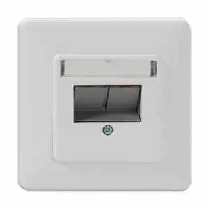 Biały gniazdo sieciowe z dwoma portami Ethernet w kwadratowej płytce ściennej.