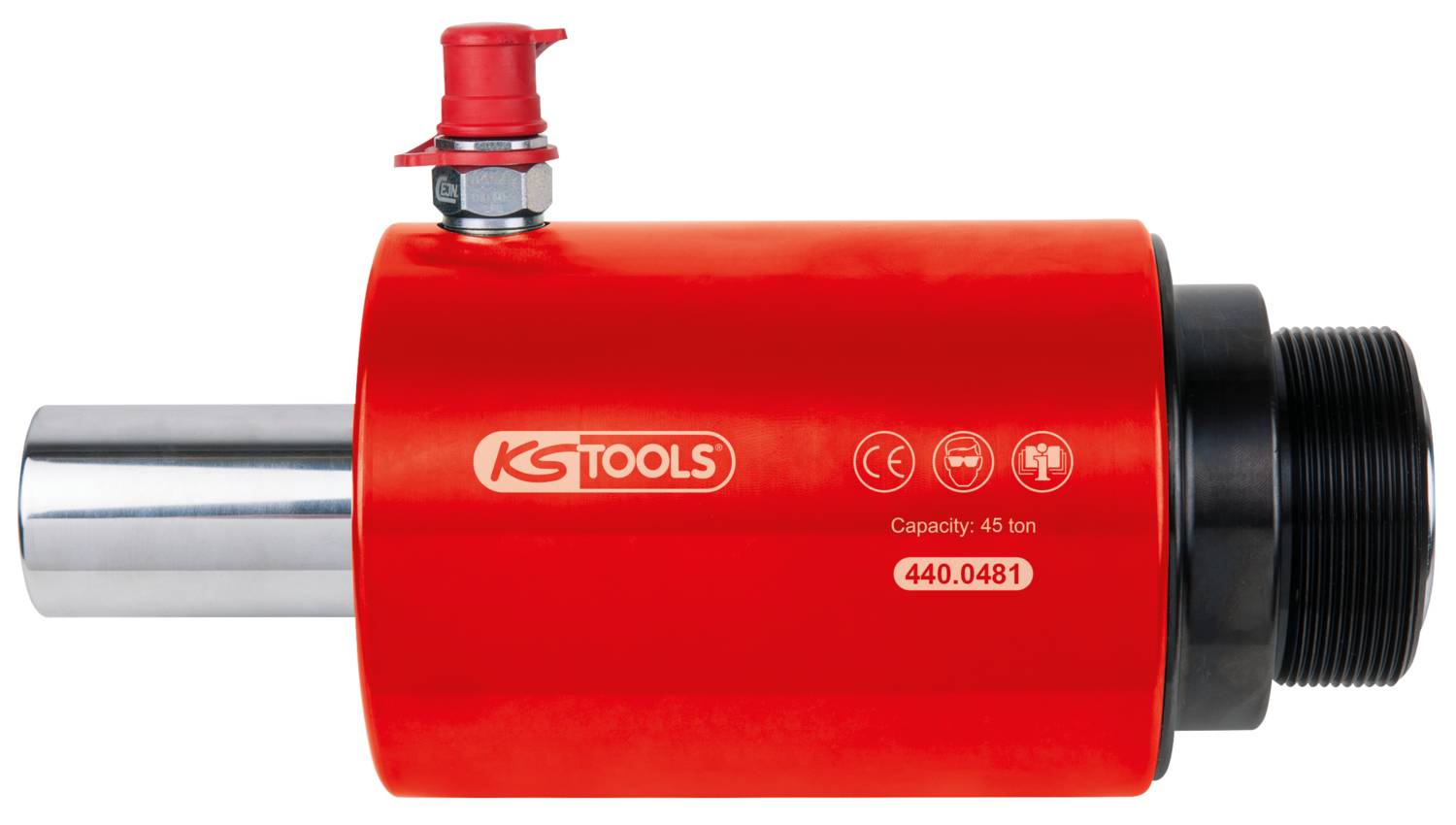 Czerwony cylinder hydrauliczny KS Tools o pojemności 45 ton, z zaworem ciśnieniowym u góry.