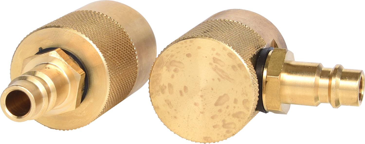 Dwa mosiężne złączki z wywinięciem. Jeden przedstawia widok boczny elementu łączącego, drugi widok z góry.