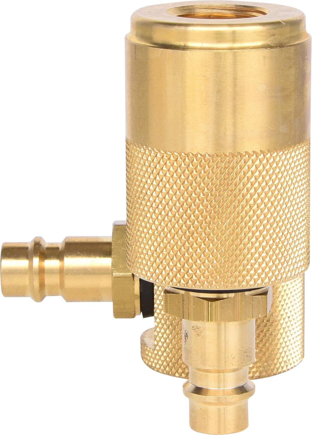 Mosiężny zawór z dwoma przyłączami. Na górze większy otwór dostępowy, na dole i z boku dwa złącza wtykowe.