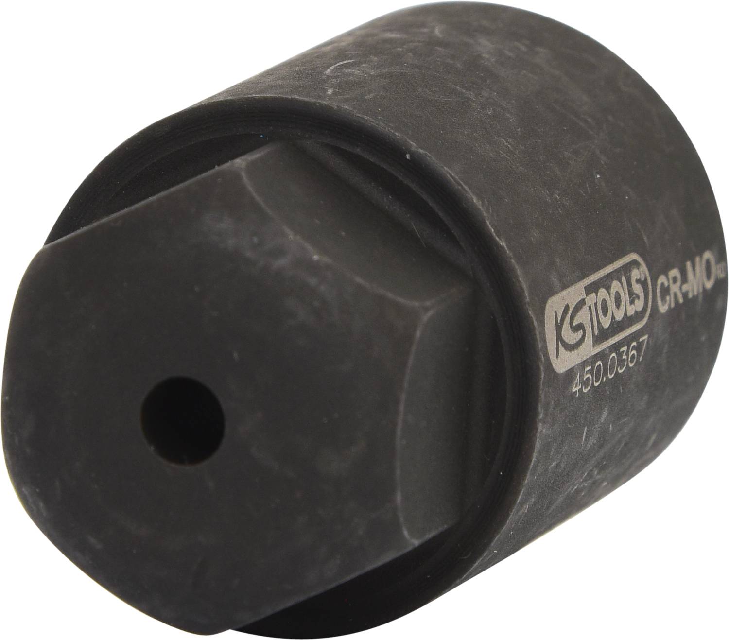 Czarna nasadka udarowa z napędem kwadratowym i otworem okrągłym, marki KS Tools, przeznaczona do zastosowań mechanicznych.