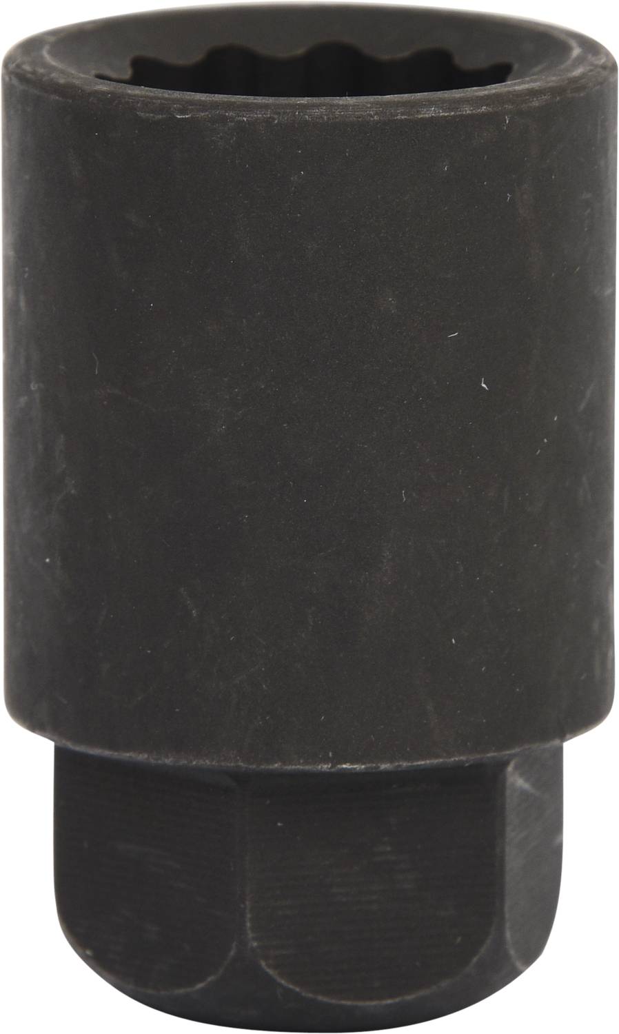 Czarny, metalowy klucz nasadowy o cylindrycznym kształcie, pozbawiony widocznych oznaczeń lub napisów.