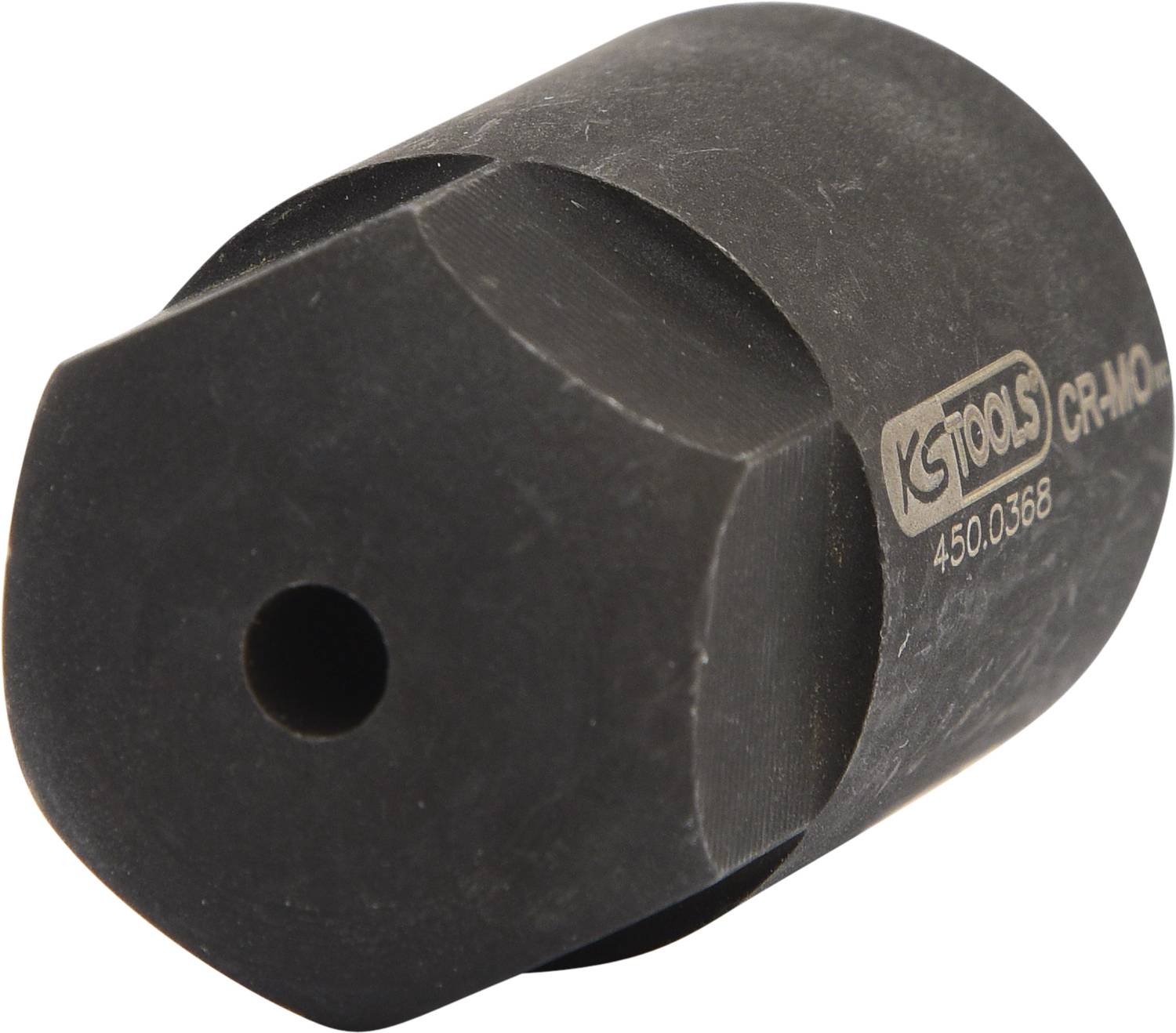Czarny klucz nasadowy o profilu sześciokątnym z otworem, oznaczony napisem 'KS TOOLS CR-MO 450.0368'.