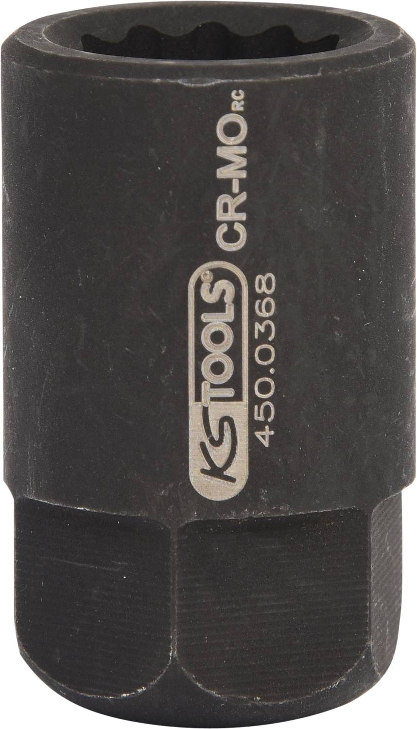 Czarny sześciokątny udarowy nasadka wkrętakowa z napisem 'KS Tools CR-MO'. Cylindryczny kształt, odpowiedni do montażu śrub.
