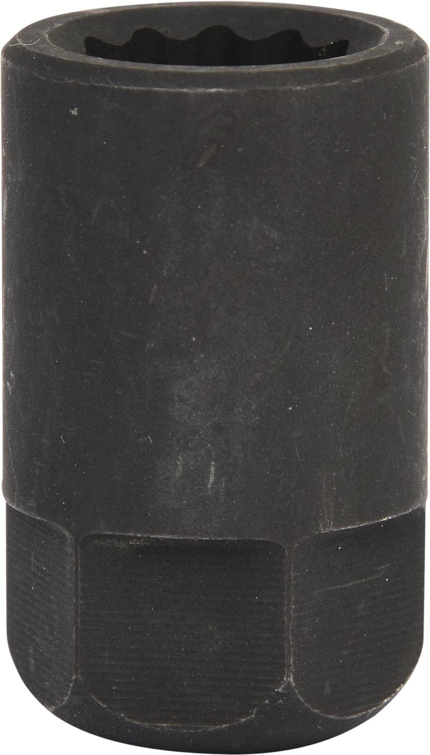 Czarne, cylindryczne narzędzie, prawdopodobnie nasadka, wykonane z metalu o gładkiej powierzchni i żebrowanym uchwycie.