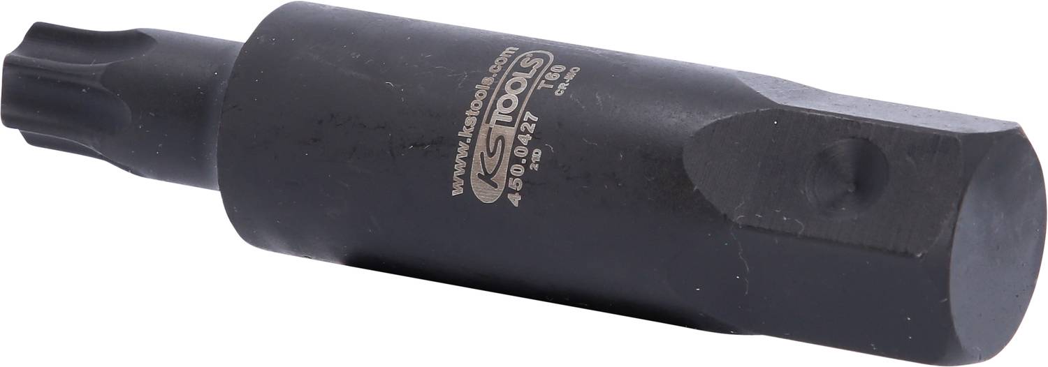 Czarny adapter narzędziowy z profilem Torx i sześciokątną podstawą. Odpowiedni do specjalnych zastosowań śrubowych.