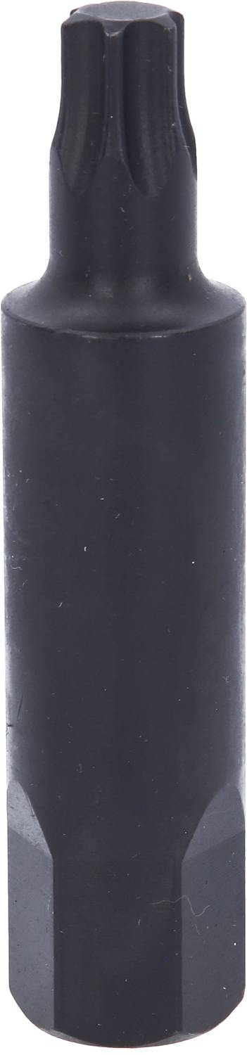 Czarny bit do wkrętaka Torx z sześciokątnym chwytem i gwiazdkową końcówką, przeznaczony do wkrętów Torx.