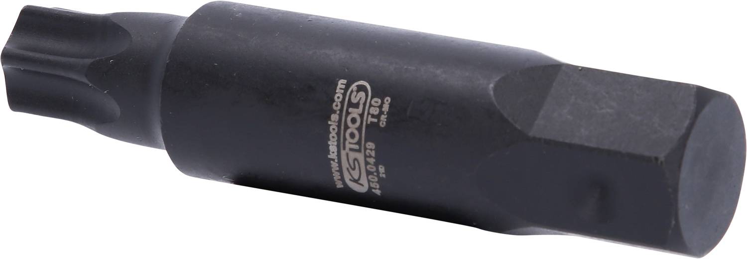 Czarny adapter klucza z sześciokątnym uchwytem i końcówką Torx, używany głównie do napraw lub montażu.