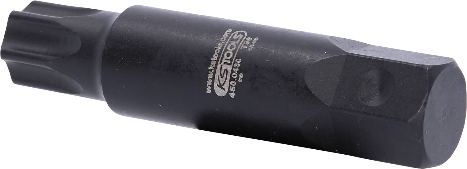 Czarny wkrętak. Ma cylindryczny kształt z sześciokątną podstawą i rowkami zapewniającymi lepszy chwyt.