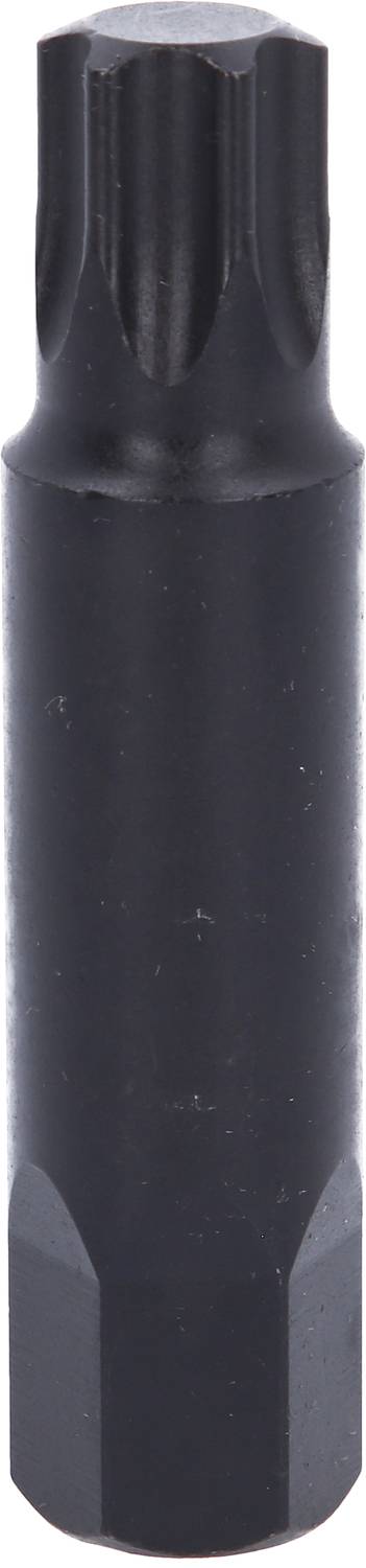 Na ilustracji przedstawiono czarny bit Torx z sześciokątnym uchwytem i gwiazdkowatą główką, stosowany w warsztatach i podczas napraw.