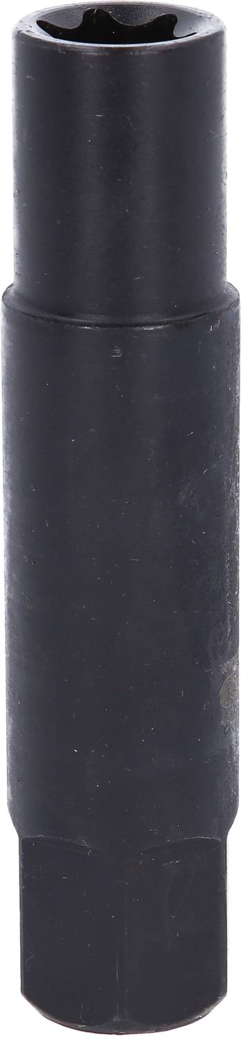 Czarny, cylindryczny metalowy narzędzie z różnymi sekcjami o stopniowanej szerokości, prawdopodobnie przeznaczone do zastosowań mechanicznych lub jako wkładka klucza nasadowego.