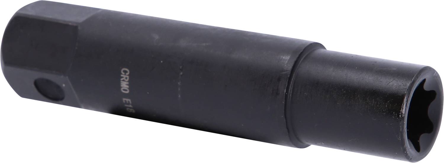 Sześciokątny klucz nasadowy, czarny, o cylindrycznej formie, z profilem E18 wygrawerowanym na powierzchni, odpowiedni do prac śrubowych.
