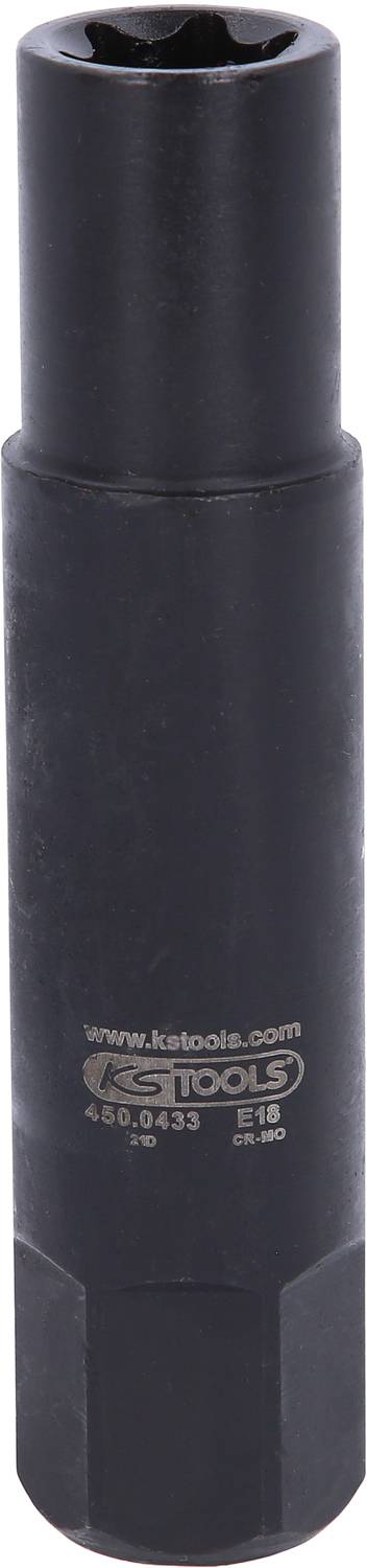 Czarny klucz nasadowy marki KS Tools, model E18, stojący pionowo.