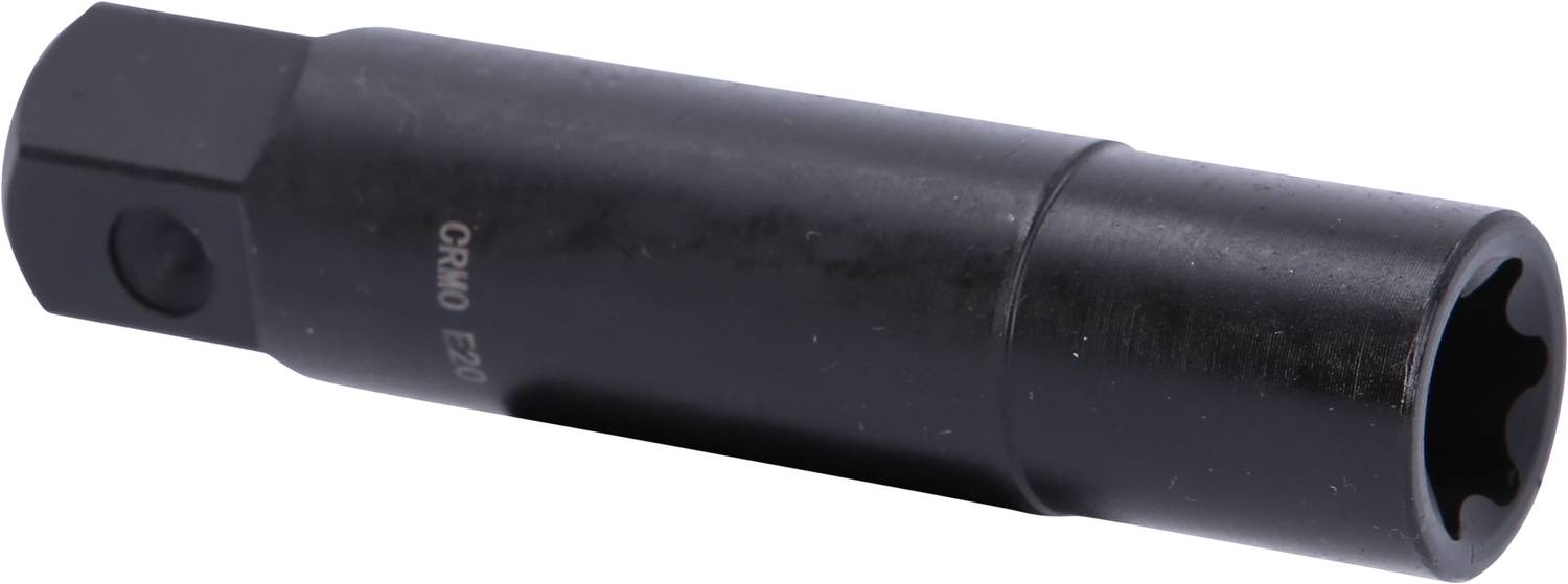 Czerniona nasadka udarowa wykonana ze stali chromowo-molibdenowej (CR-MO) o rozmiarze E20, przeznaczona do użycia z kluczem dynamometrycznym.