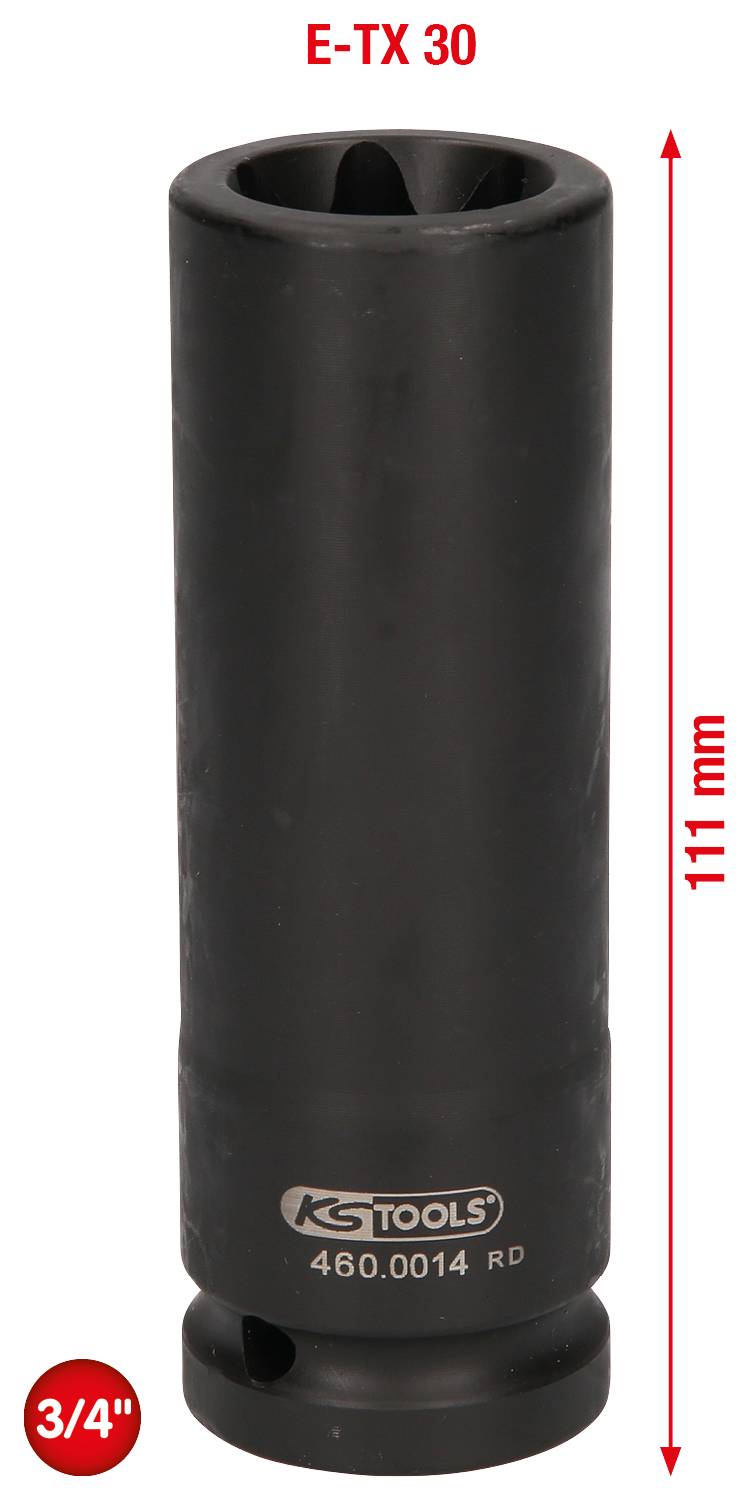 Klucz nasadowy KS Tools 460.0014 RD E-TX 30, 3/4 cala, długość 111 mm. Czarny cylinder z oznaczeniami i oznaczeniami wymiarów.
