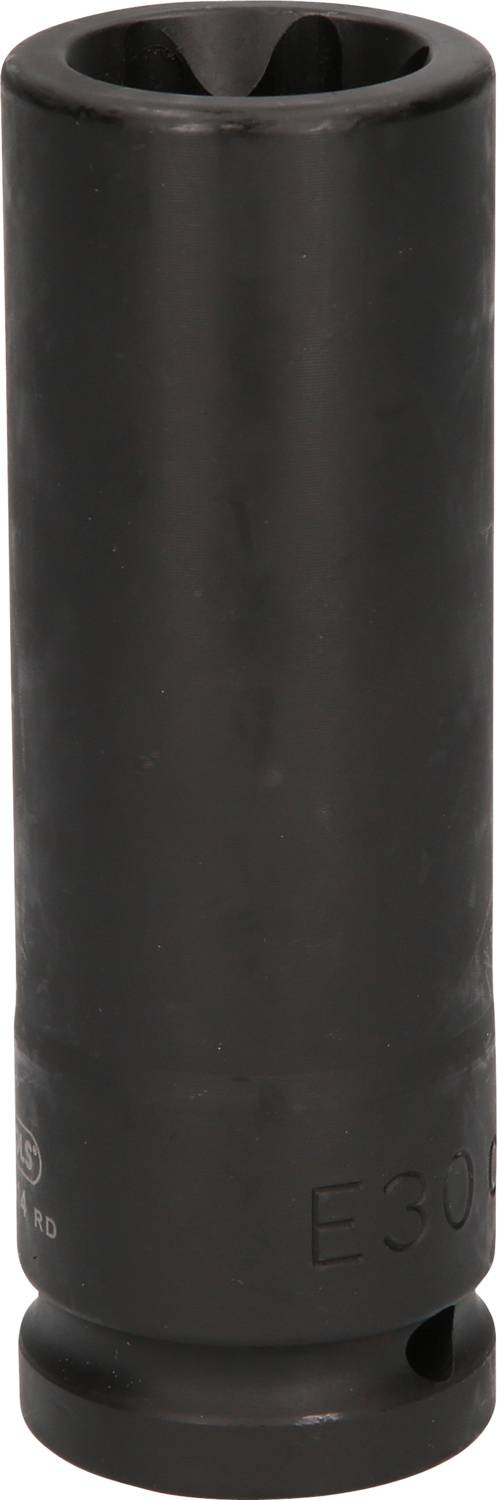 Czarny, cylindryczny nasadka narzędziowa z żebrowanym końcem, prawdopodobnie klucz nasadowy do prac mechanicznych.