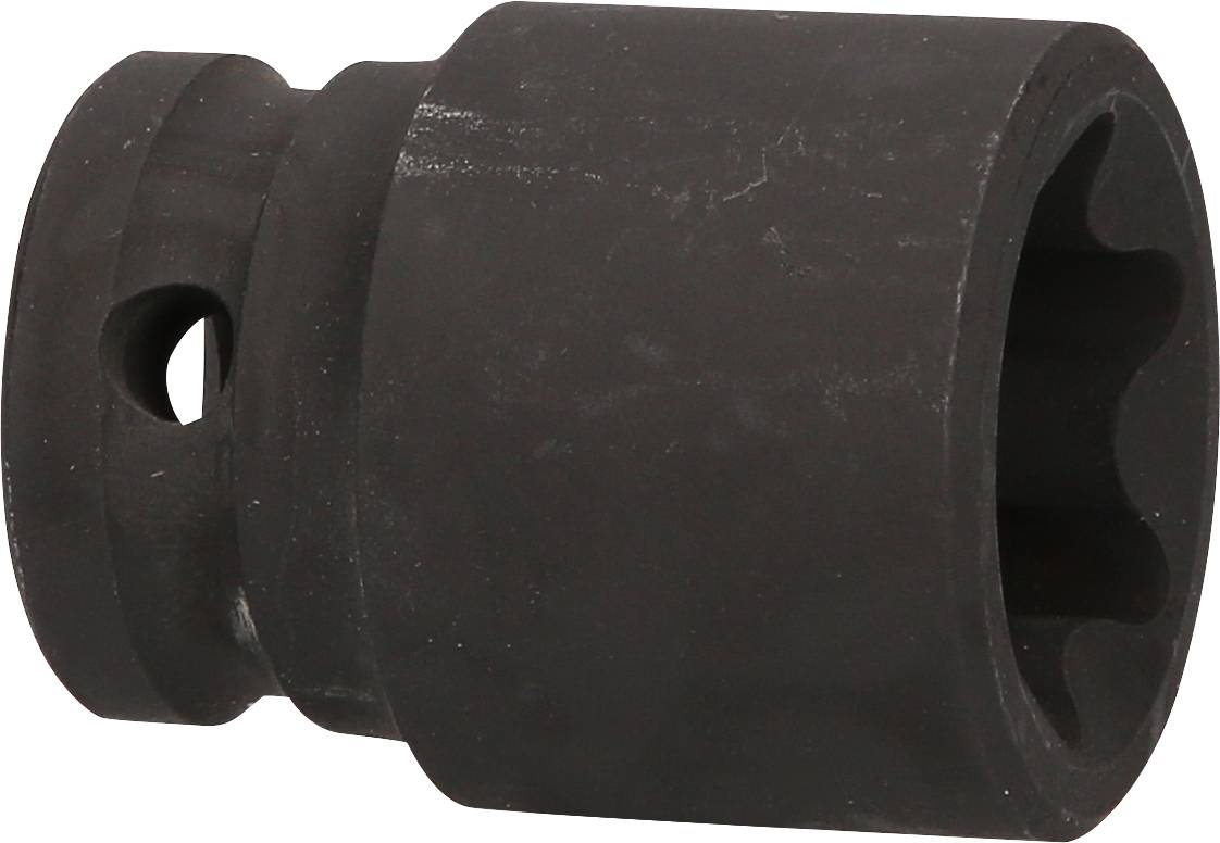 Czarny sworzeń, o kształcie cylindrycznym, z dwunastokątnym profilem wewnętrznym i otworem z boku, na białym tle.