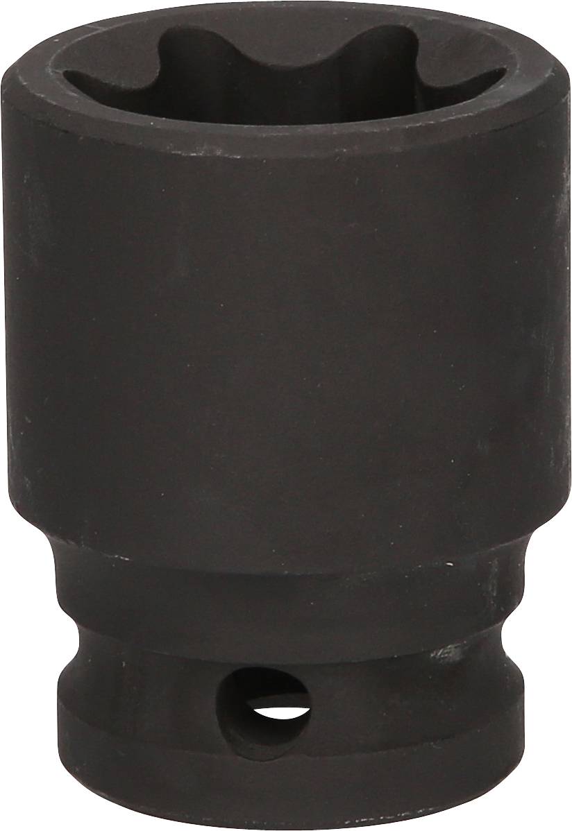 Czarny, cylindryczny kołek gwintowany o okrągłym profilu wewnętrznym i otworze u podstawy, stosowany do prac ślusarskich.