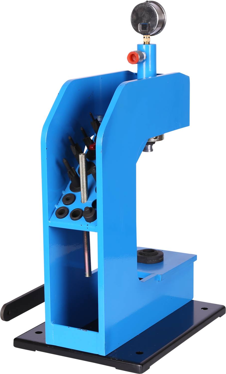 Niebieskie narzędzie do sprawdzania i regulacji wierteł, wyposażone w kilka uchwytów na wiertła oraz przyrząd pomiarowy na górze.