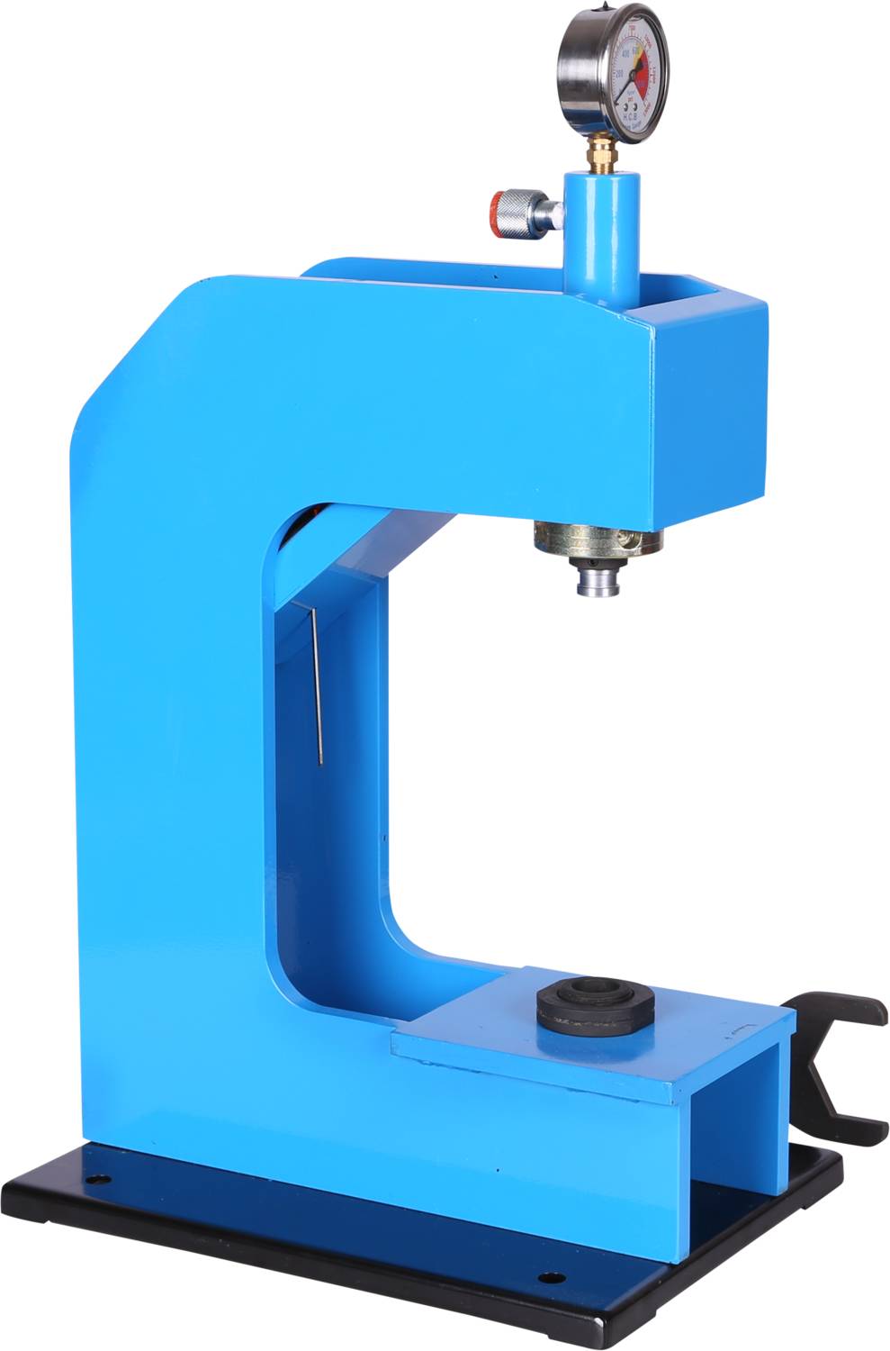 Niebieska, przemysłowa maszyna testowa z miernikiem na górze, używana do kompresji materiałów. Spoczywa na czarnej podstawie.