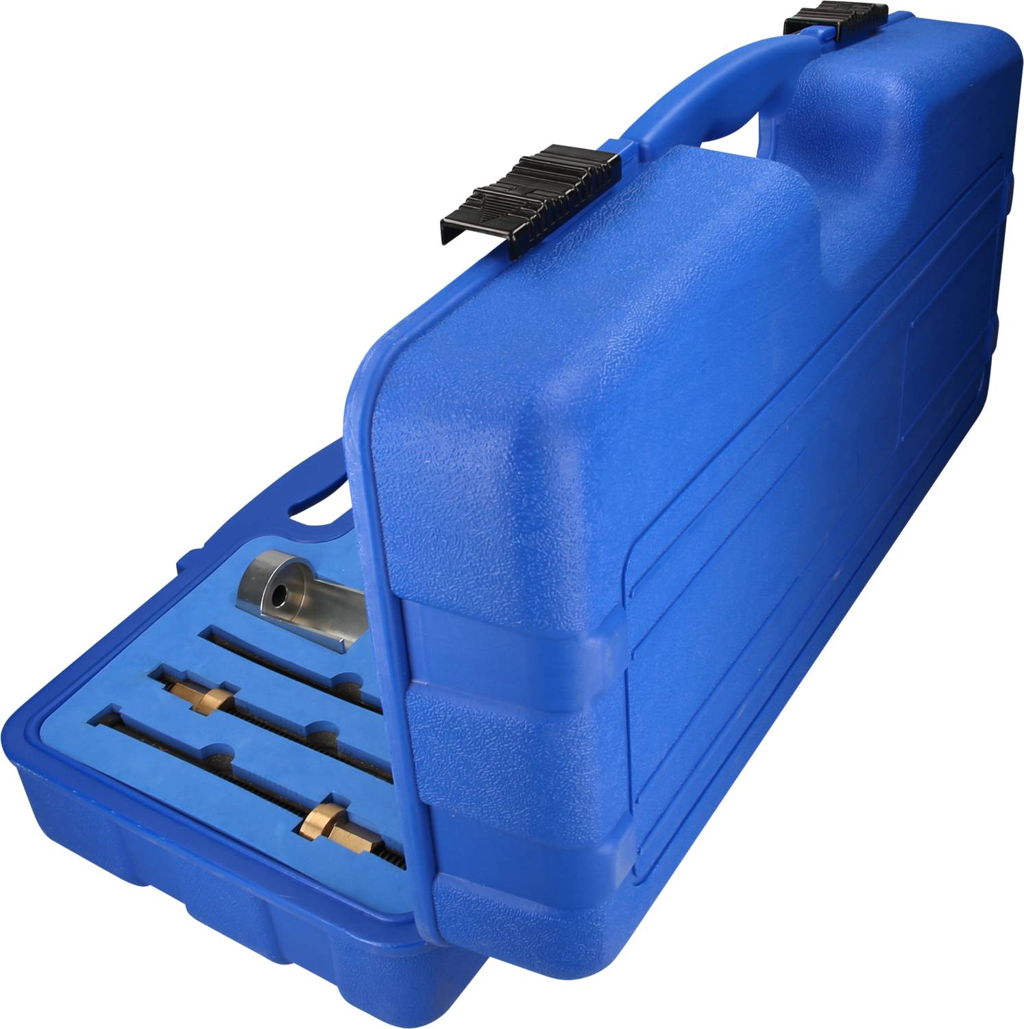 Niebieski plastikowy kufer z uchwytem, zawierający precyzyjne narzędzia lub części w wyprofilowanych przegródkach; idealny do bezpiecznego transportu.