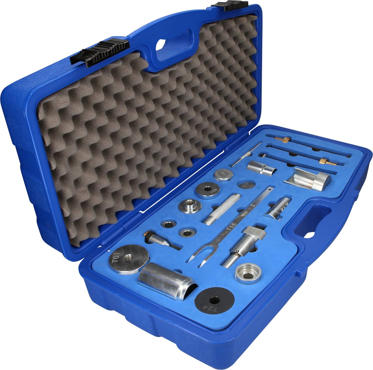 Niebieska skrzynka narzędziowa z różnymi metalowymi narzędziami i częściami. Narzędzia są precyzyjnie osadzone w dopasowanej piance.