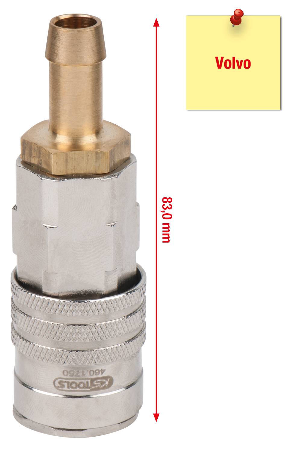 Metalowy zawór z napisem 'KS Tools 460.1260'. Żółta karteczka w prawym górnym rogu z napisem 'Volvo'. Czerwona strzałka wskazuje długość: 83,0 mm.