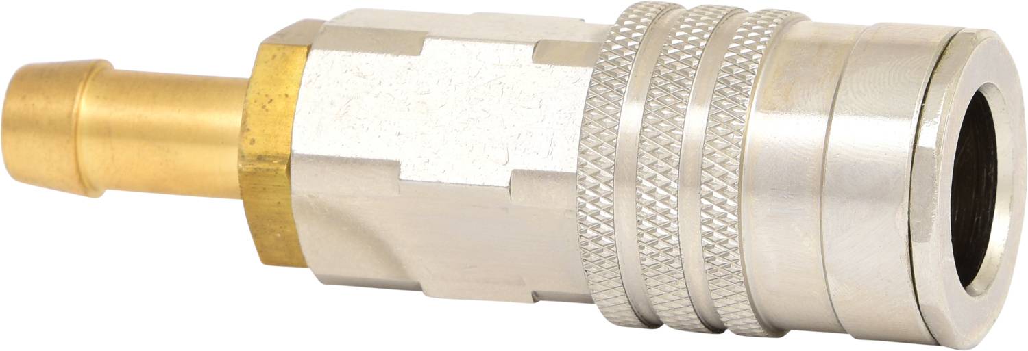 Metalowy wtyk szybkozłączny z prążkowanym uchwytem i złotym adapterem na końcu, leżący na białym tle.