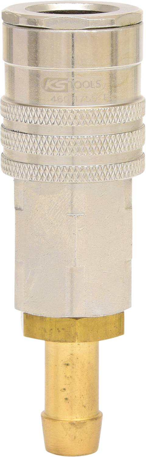 Metalowy złącz powietrzny z mosiężnym elementem przyłączeniowym i nakrętką ryflowaną, odpowiedni do systemów sprężonego powietrza i narzędzi.