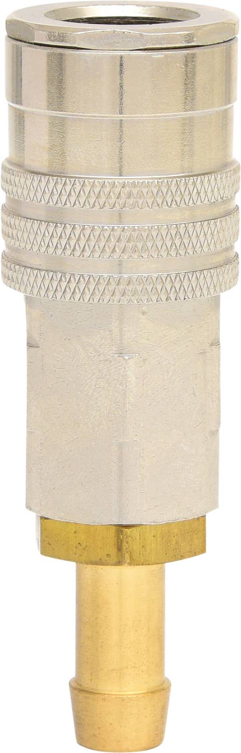 Metalowy szybkozłączny łącznik wtykowy, o kształcie cylindrycznym, z rowkowaną powierzchnią uchwytu, z przyłączem węża od dołu.