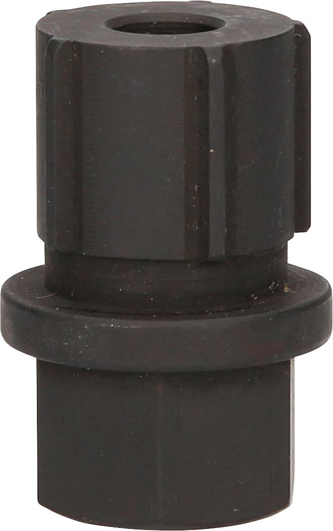 Czarny cylindryczny element z tworzywa sztucznego, prawdopodobnie adapter lub tuleja, z prążkowanymi bokami i podstawą w kształcie koła.