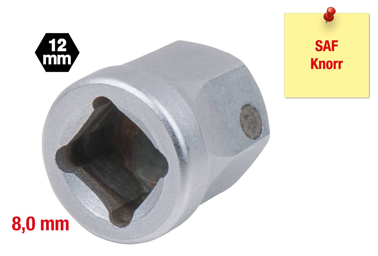 Wtyczka narzędziowa o średnicy 12 mm z otworem 8,0 mm. Obok samoprzylepna karteczka z napisem SAF Knorr.