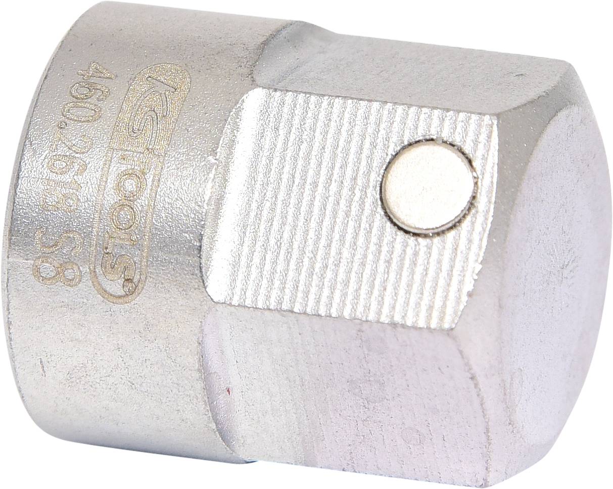 'Srebrny, sześciokątny adapter do nakrętek o ryflowanej powierzchni. Widoczny jest nadruk "KS Tools".'