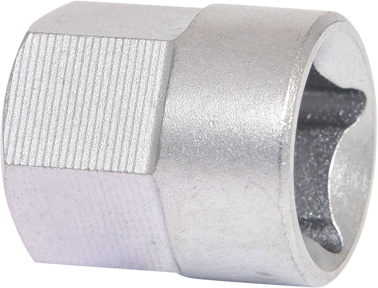 Metalowa nakrętka z rowkowaną i gładką powierzchnią, o kształcie sześciokątnym.