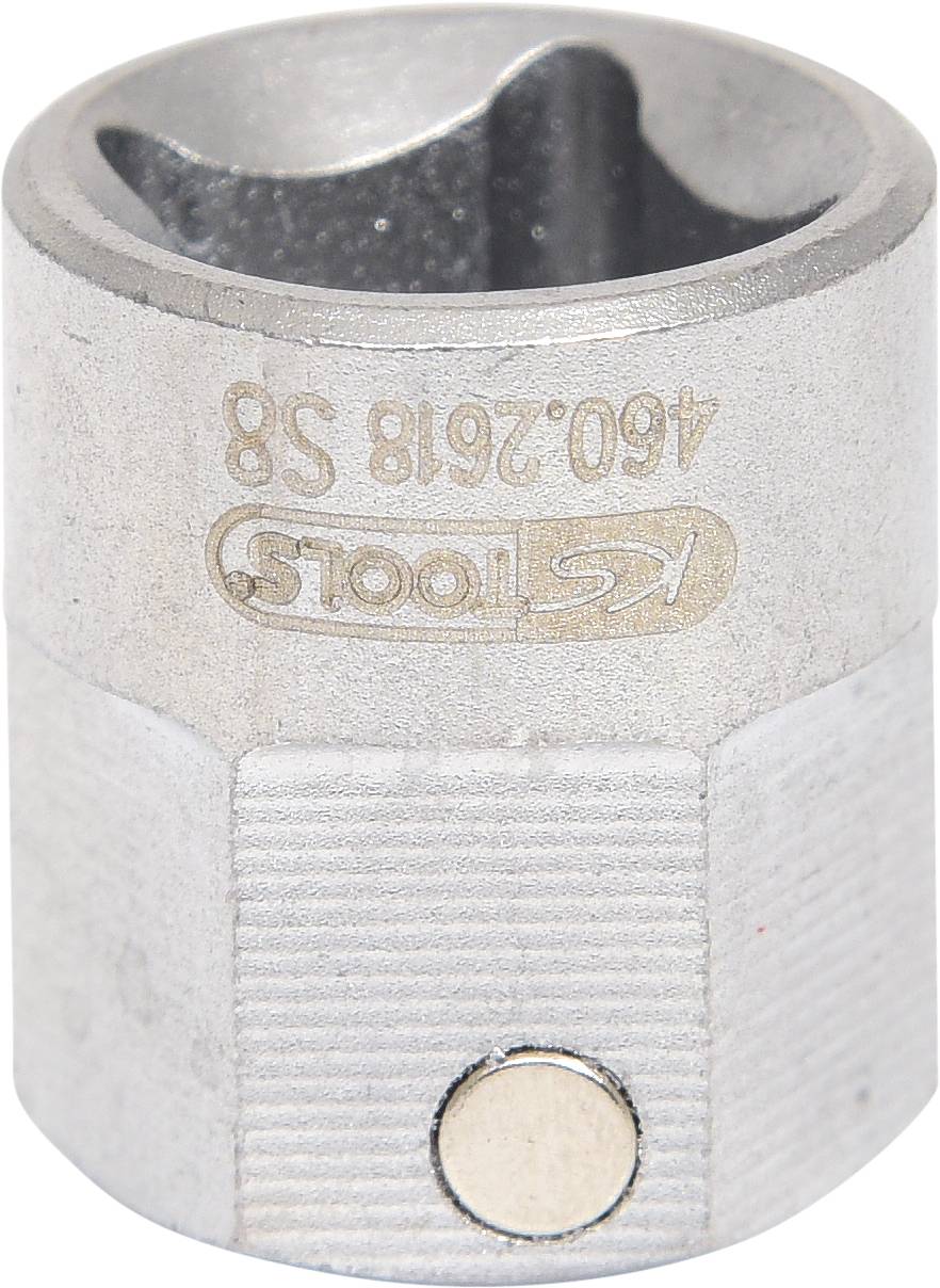 Srebrna nakrętka z napisem '460.2618 58' firmy KS Tools. Posiada sześciokątny uchwyt do wkrętów.