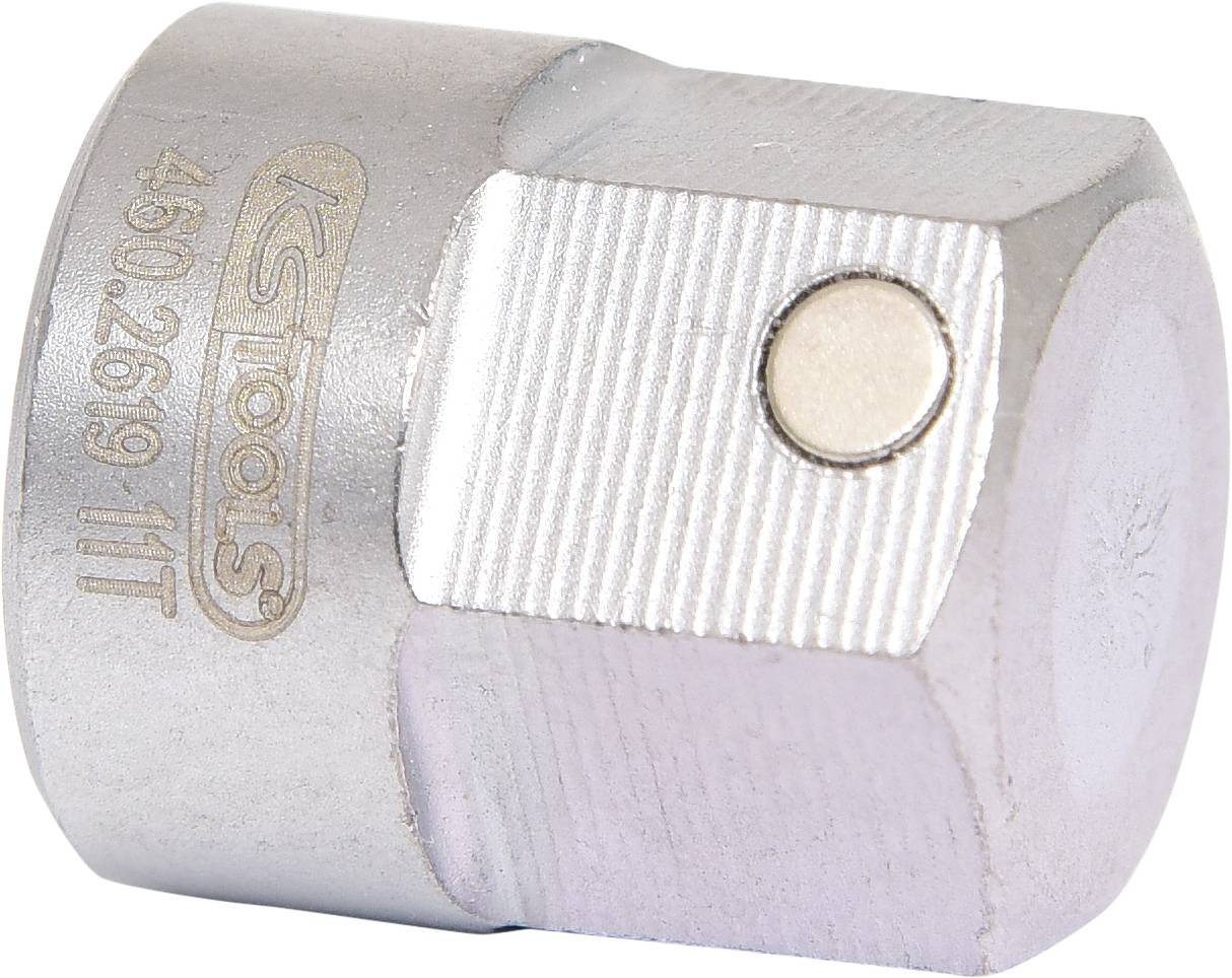 Metalowy adapter magnetyczny z srebrną powierzchnią, w kształcie cylindra, z wygrawerowanym logo na boku.