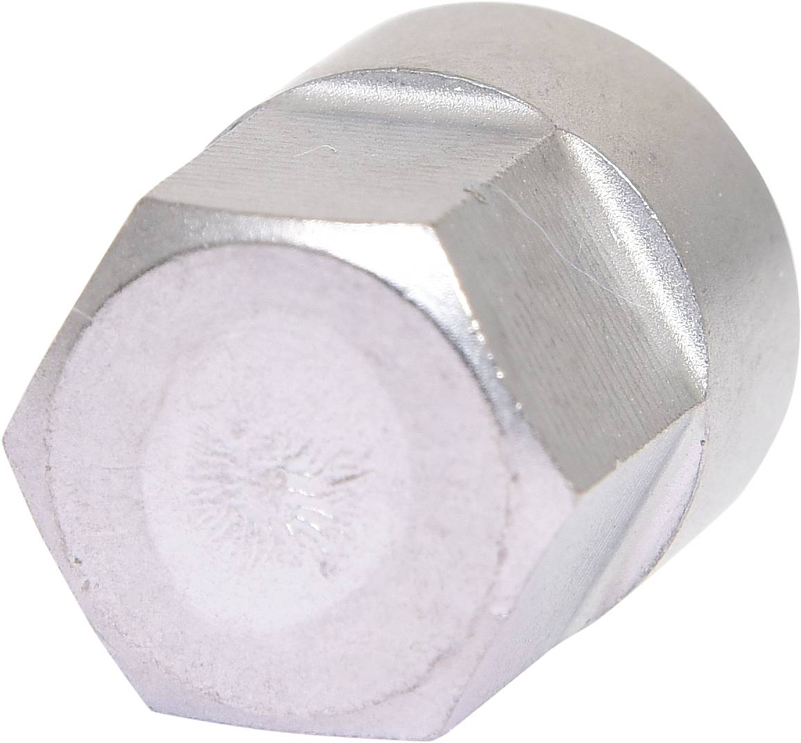 Sześciokątna srebrna nakrętka metalowa, widok z góry.