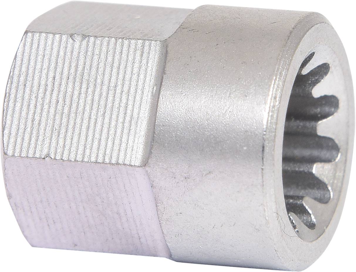 Metalowy adapter nasadowy z prążkowaną strefą uchwytu i ząbkowaną powierzchnią wewnętrzną do mocowania na nakrętkach lub śrubach.