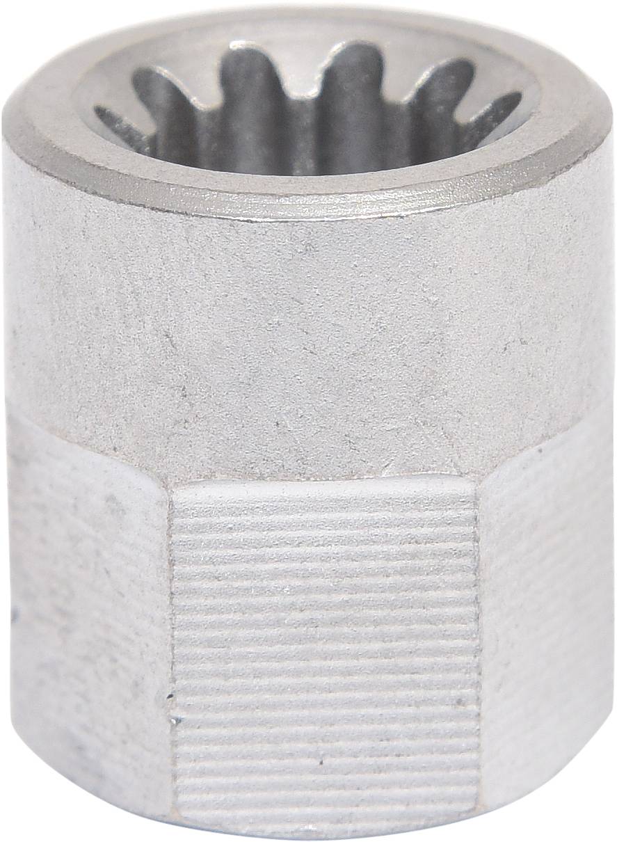 Srebrny adapter klucza z uzębioną wewnętrzną powierzchnią mocowania, o kształcie cylindrycznym, przedstawiony w widoku profilowym.